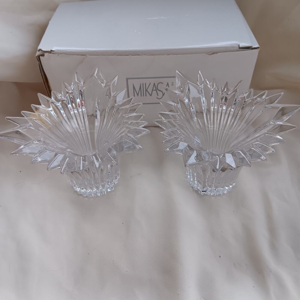 Pair of Mikasa Germany Lead Starburst Crystal Taper Candle Holders 3"